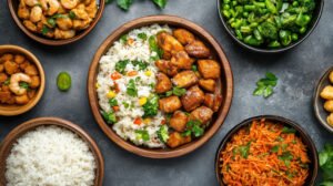 delicious variety of asian dishes served with rice, featuring vibrant vegetables and flavorful delicious variety of asian dishes served with rice, featuring vibrant vegetables and flavorful